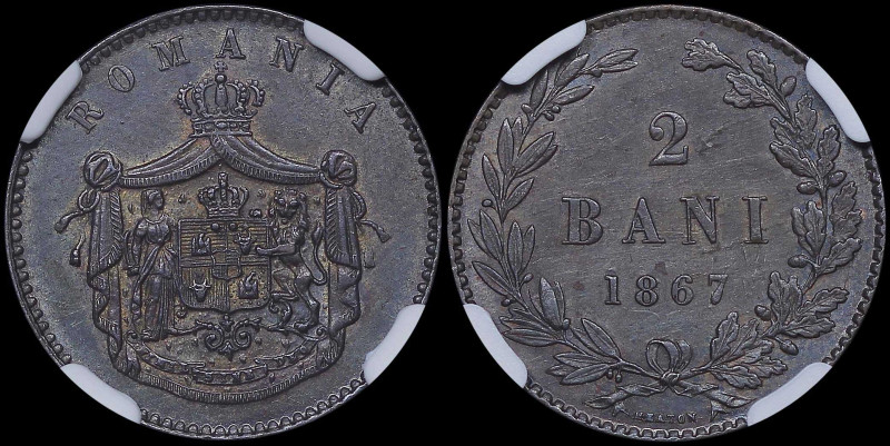 ROMANIA: 2 Bani (1867 HEATON) in copper. Crowned arms with supporters within cro...