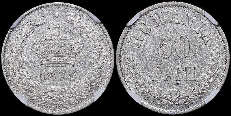 ROMANIA: 50 Bani [1873 (b)] in silver (0,835). Value above sprays on obverse. Cr...