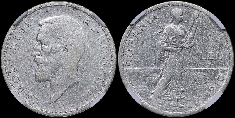 ROMANIA: 1 Leu (1910) in silver (0,835). Bearded head of Carol I facing left on ...