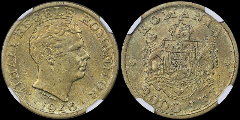 ROMANIA: 2000 Lei (1946) in brass. Head of King Mihai I facing right on obverse....