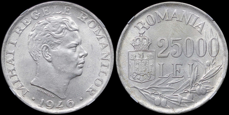 ROMANIA: 25000 Lei (1946) in silver (0,700). Head of King Mihai I facing right o...