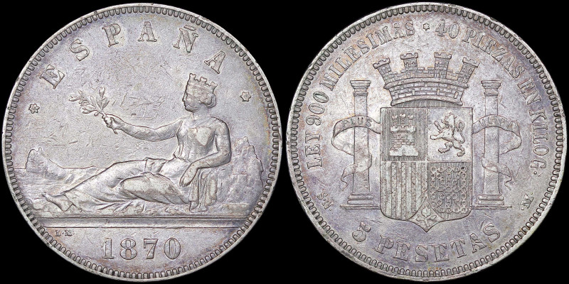 SPAIN: 5 Pesetas (1870 SN-M) in silver (0,900). Seated Liberty and date below on...