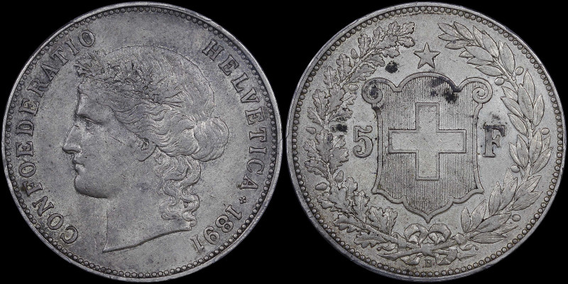 SWITZERLAND: 5 Francs (1891 B) in silver (0,900). Laureate head of Helvetia faci...