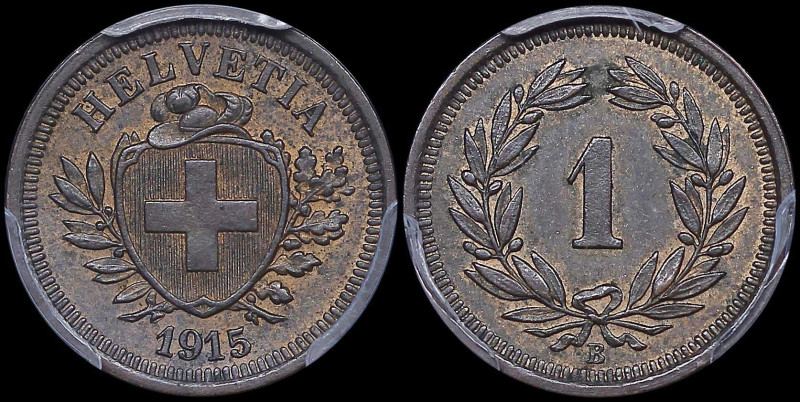 SWITZERLAND: 1 Rappen (1915 B) in bronze. Thin cross in shield within sprigs and...