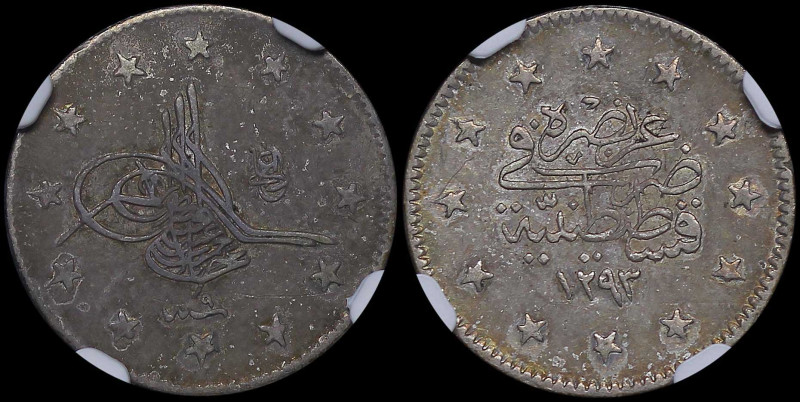 TURKEY: 2 Kurush [AH1293//9 (1884)] in silver (0,830). Toughra "el-Ghazi" to rig...