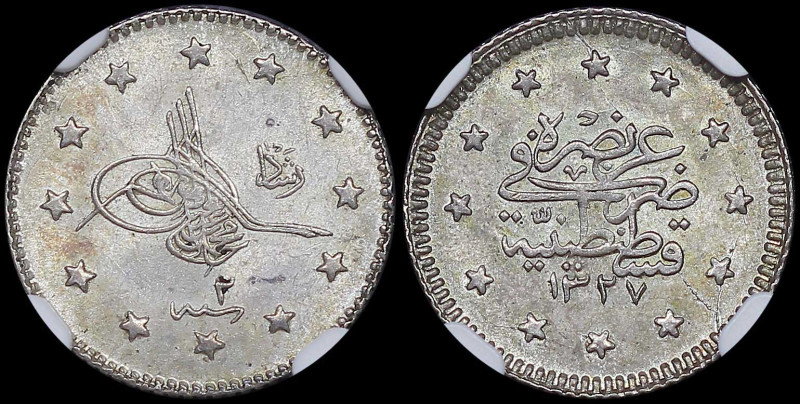 TURKEY: 1 Kurush [AH1327//2 (1910)] in silver (0,830). Toughra within star borde...