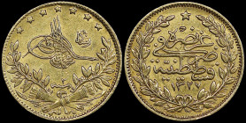 TURKEY: 50 Kurush [1327//2 (1910)] in gold (0,917). Toughra "Reshat" to right on obverse. Inscription and date within wreath on reverse. (KM 753). Ext...