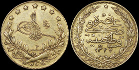 TURKEY: 100 Kurush [1327//2 (1910)] in gold (0,917). Toughra "Reshat" to right on obverse. Inscription and date within wreath, star on top on reverse....