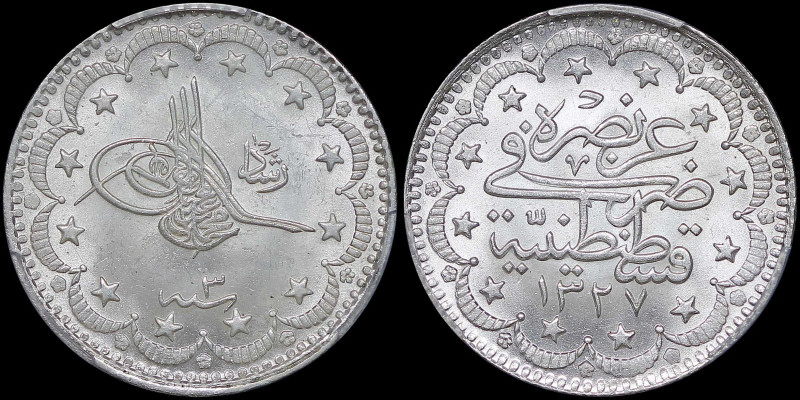 TURKEY: 5 Kurush [AH1327//3 (1911)] in silver (0,830). Toughra "Reshat" to right...