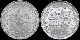 TURKEY: 5 Kurush [AH1327//3 (1911)] in silver (0,830). Toughra "Reshat" to right on obverse. Inscription and date within star border and design on rev...
