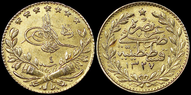 TURKEY: 25 Kurush [1327//4 (1912)] in gold (0,917). Toughra "Reshat" to right on...