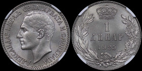 YUGOSLAVIA: 1 Dinar (1925) in nickel-bronze. Head of Alexander I facing left on obverse. Denomination and date within crowned wreath on reverse. Insid...