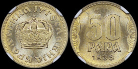 YUGOSLAVIA: 50 Para (1938) in aluminum-bronze. Crown on obverse. Denomination above date on reverse. Inside slab by NGC "MS 65". Cert number: 5790445-...