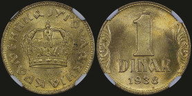 YUGOSLAVIA: 1 Dinar (1938) in aluminum-bronze. Crown on obverse. Denomination above date on reverse. Inside slab by CCG "MS 64". Cert number: AA379340...