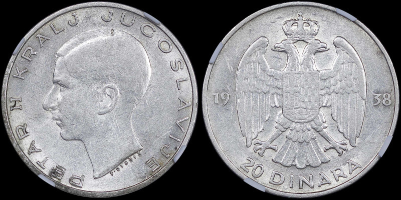 YUGOSLAVIA: 20 Dinara (1938) in silver (0,750). Head of Petar II facing left on ...