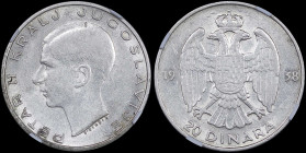 YUGOSLAVIA: 20 Dinara (1938) in silver (0,750). Head of Petar II facing left on obverse. Crowned double-headed eagle with shield on breast on reverse....