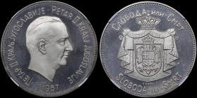 YUGOSLAVIA: Essai of 1 Crown (1967) in franklinium. Head of Petar II facing right on obverse. Crowned and mantled arms on reverse. Inside slab by NGC ...