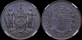 BRITISH NORTH BORNEO: 1 Cent (1891 H) in bronze. Denomination within wreath on obverse. National arms with supporters and date below on reverse. Insid...