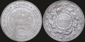 CEYLON: 5 Rupees (1957) in silver (0,925) commemorative the 2500 Years of Buddism. Flowers and date at center and denomination at left on obverse. 250...