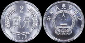 CHINA / PEOPLE REPUBLIC: 2 Fen (1983) in aluminum. National emblem on obverse. Value in wreath and date below on reverse. Inside slab by NGC "PF 68". ...