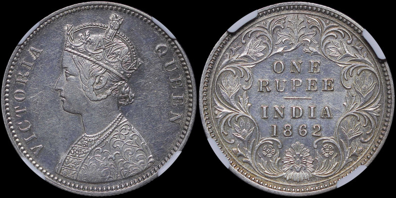 INDIA / BRITISH: 1 Rupee [1862 (C)] in silver (0,917). Crowned bust of Queen Vic...