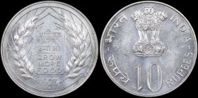 INDIA / REPUBLIC: 10 Rupees (1973) in silver (0,500) from F.A.O. series. Asoka lion pedestal on obverse. Inscription on shield with grain stalks on re...