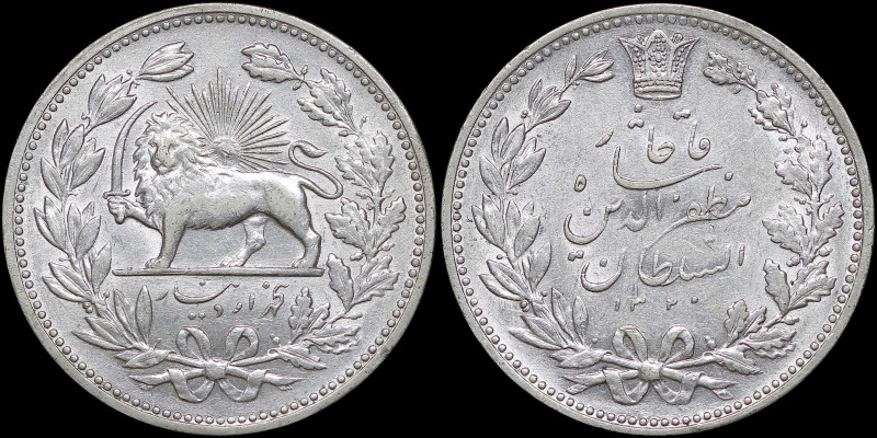 IRAN: 5000 Dinars (=5 Kran) [AH1320 (1902)] in silver (0,900). Legend within cro...