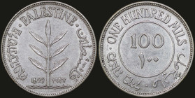 PALESTINE: 100 Mils (1927) in silver (0,720). Plant flanked by dates with inscription "PALESTINE" on obverse. Value within circle on reverse. Surface ...