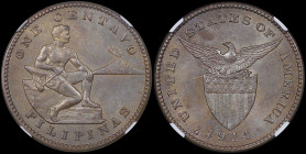 PHILIPPINES / UNITED STATES ADMINISTRATION: 1 Centavo (1914 S) in bronze. Man seated beside hammer and anvil on obverse. Eagle above stars and striped...