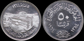 EGYPT: 50 Piastres [AH1384 (1964)] in silver (0,720) commemorating the Diversion of the Nile. Denomination that divides date on obverse. Nile River ba...