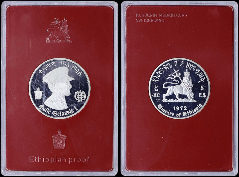 ETHIOPIA: 5 Dollars (1972 HF) in silver (0,999). Uniformed bust of Haile Selassi...