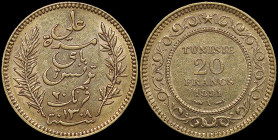 TUNISIA: 20 Francs (AH1308 / 1891 A) in gold (0,900). Legend flanked by sprigs on obverse. Value and date in center circle of ornate design on reverse...