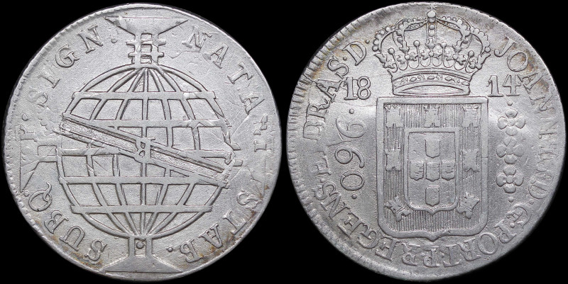 BRAZIL: 960 Reis (1814 B) in silver (0,896). Crowned arms and denomination on ob...