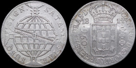 BRAZIL: 960 Reis (1814 B) in silver (0,896). Crowned arms and denomination on obverse. Sash with initial crosses globe within cross on reverse. Struck...