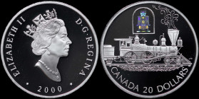 CANADA: 20 Dollars (2000) in silver (0,925) commemorating the First Canadian locomotive. Crowned head of Queen Elizabeth II facing right on obverse. L...