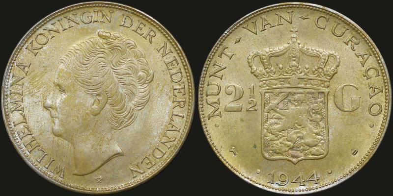 CURACAO: 2- 1/2 Gulden (1944 D) in silver (0,720). Head of Wilhelmina facing lef...