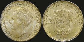 CURACAO: 2- 1/2 Gulden (1944 D) in silver (0,720). Head of Wilhelmina facing left on obverse. Crowned arms divided denomination, date below on reverse...