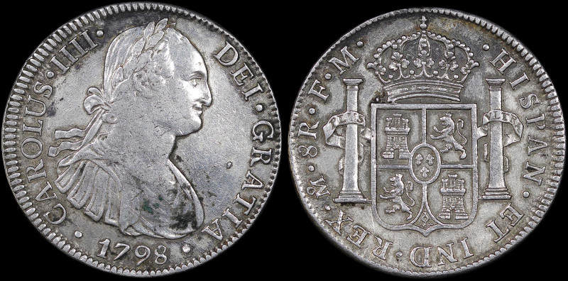 MEXICO: 8 Reales (1798 FM) in silver (0,896). Armored bust of Charles IIII facin...