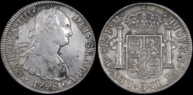 MEXICO: 8 Reales (1798 FM) in silver (0,896). Armored bust of Charles IIII facing right on obverse. Crowned shield flanked by pillars with banner on r...