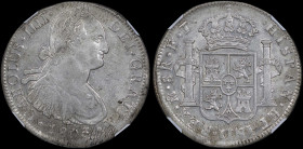 MEXICO: 8 Reales (1803Mo FT) in silver (0,896). Armored bust of Charles IIII facing right on obverse. Crowned shield flanked by pillars with banner on...