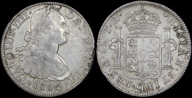 MEXICO: 8 Reales (1804Mo TH) in silver (0,896). Armored bust of Charles IIII facing right on obverse. Crowned shield flanked by pillars with banner on...