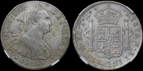 MEXICO: 8 Reales (1806Mo TH) in silver (0,896). Armored bust of Charles IIII facing right on obverse. Crowned shield flanked by pillars with banner on...