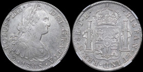 MEXICO: 8 Reales (1808Mo TH) in silver (0,896). Armored bust of Charles IIII facing right on obverse. Crowned shield flanked by pillars with banner on...