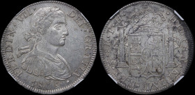 MEXICO: 8 Reales (1809Mo TH) in silver (0,896). Armored laurete bust of Ferdinand VII facing right on obverse. Crowned shield flanked by pillars with ...