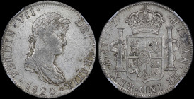 MEXICO: 8 Reales (1820Mo JJ) in silver (0,903). Draped laureate bust of Ferdinand VII facing right on obverse. Crowned shield flanked by pillars on re...