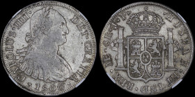 PERU: 8 Reales (1806LIMAE JP) in silver (0,896). Bust of Charles IIII facing right on obverse. Crowned shield flanked by pillars with banner on revers...