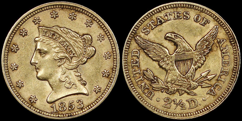 USA: 2- 1/2 Dollars (1853) in gold (0,900). Coronet head of Liberty facing left ...