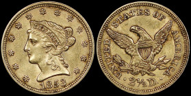 USA: 2- 1/2 Dollars (1853) in gold (0,900). Coronet head of Liberty facing left on obverse. No motto above eagle on reverse. Cleaned. (KM 72). Very Fi...