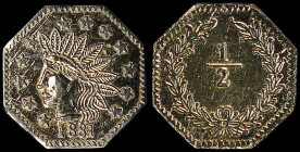 USA / FRACTIONAL GOLD CALIFORNIA: COUNTERFEIT 1/2 Dollar (octagonal) (1881) in gold. Indian head facing left on obverse. Value "1/2" within wreath on ...