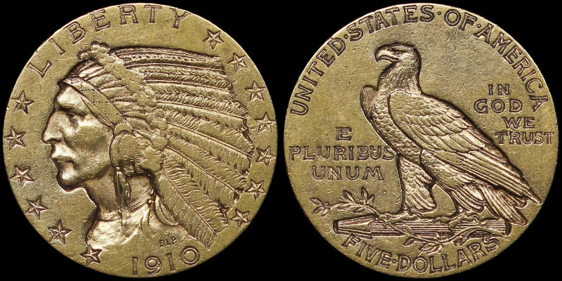 USA: 5 Dollars (1910) in gold (0,900). Indian head facing left on obverse. Ameri...